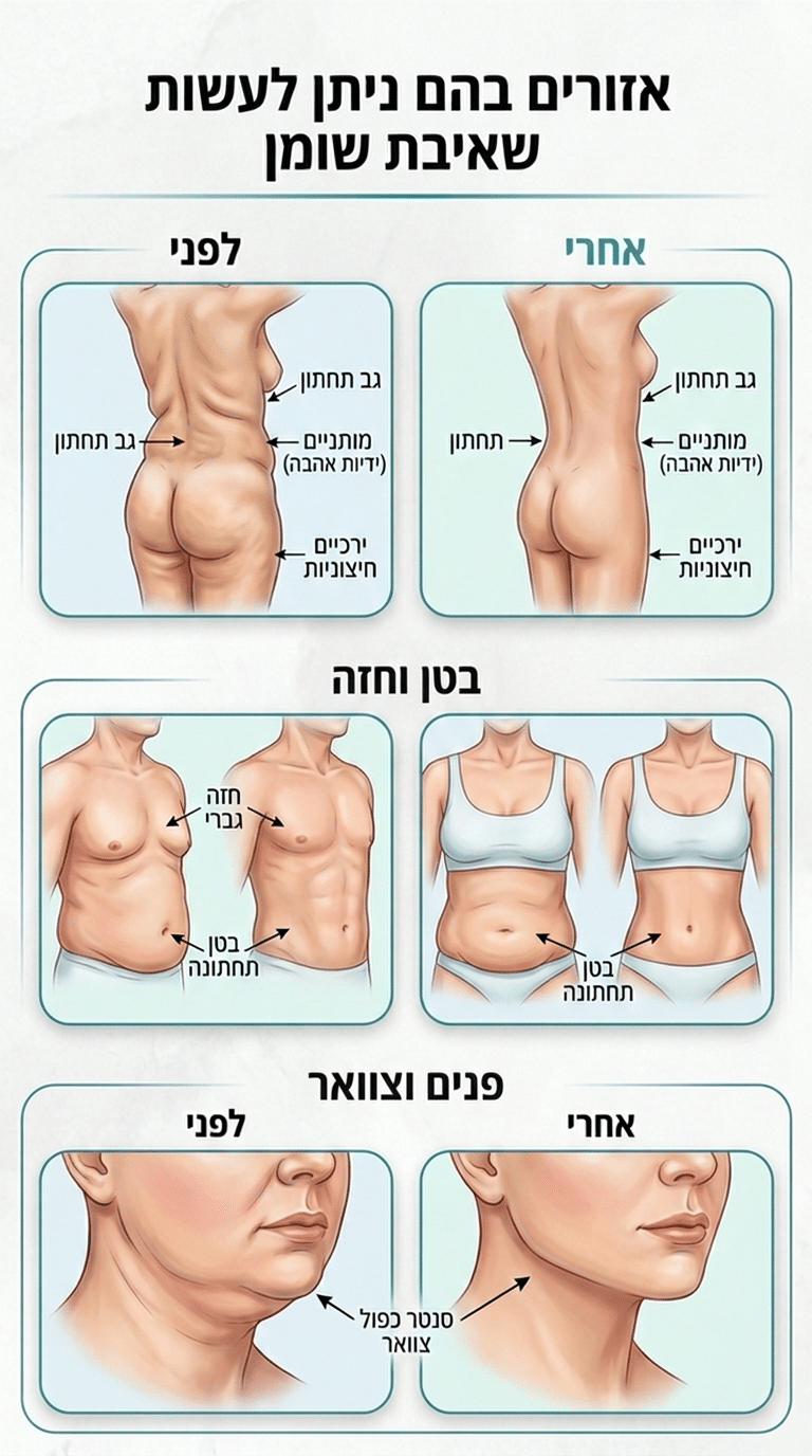 אזורי שאיבת שומן בגוף — לפני ואחרי